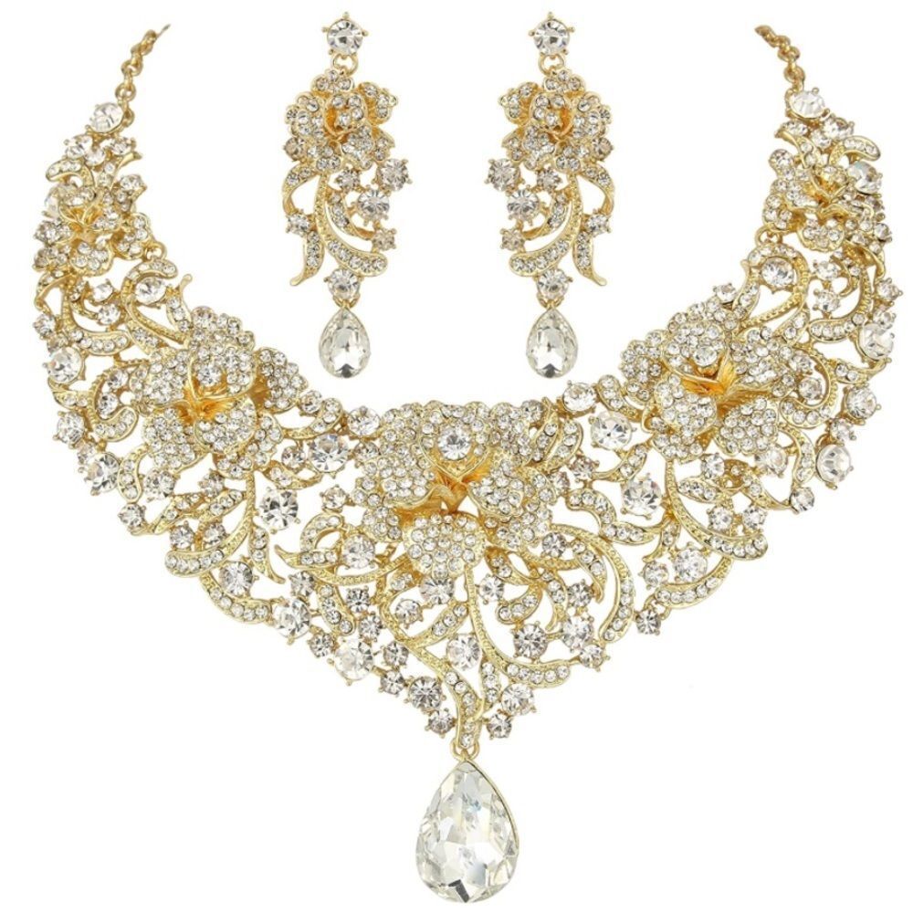 Yellow Gold & Diamond Austrian Crystal Rose Flower Bib Necklace & Earrings Set